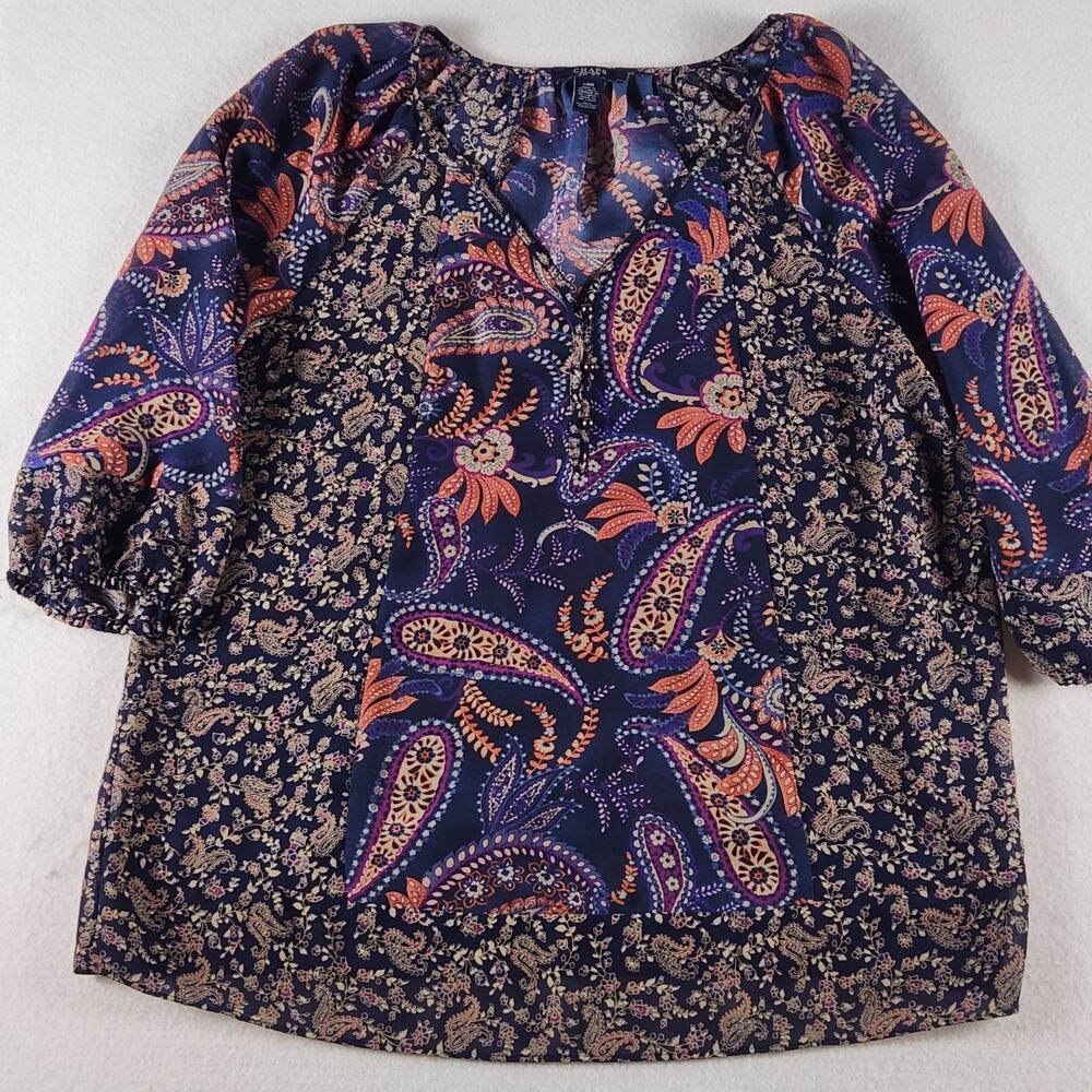 Chaps Blue Rust Autumn Paisley Woven Blouse 3/4 Puff Sleeve Button V-Neck Sz L